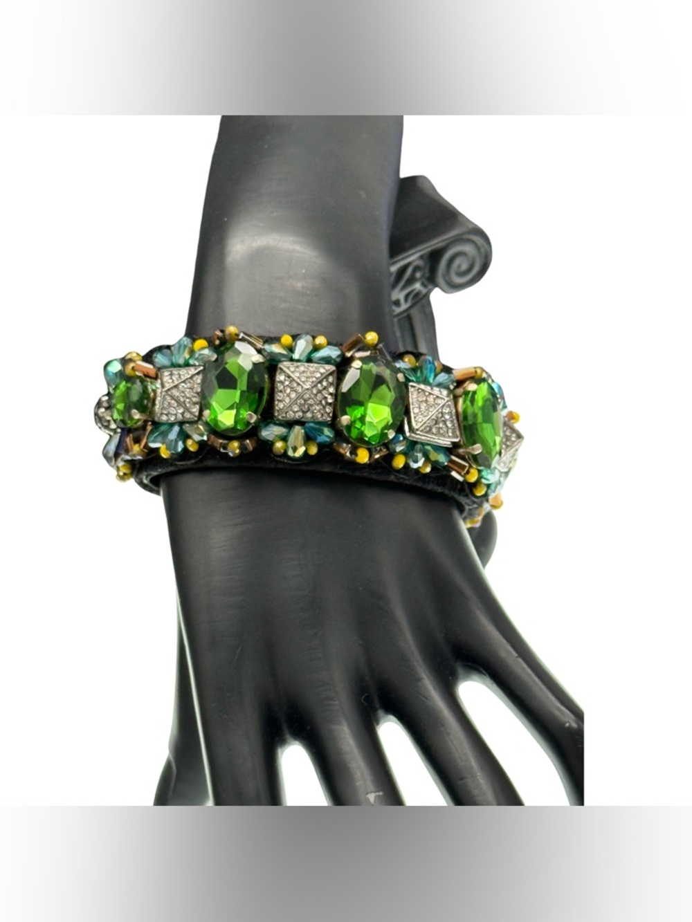 Gold Cake Emerald Green Crystal Cuff Bracelet - Statement Velvet Jewelry